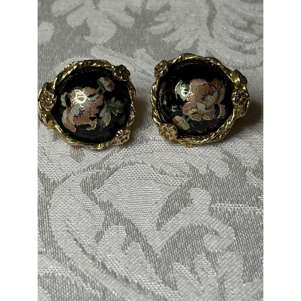 VTG 1928 Jewelry Co Black Enamel Floral Clip On Earrings Victorian Revival